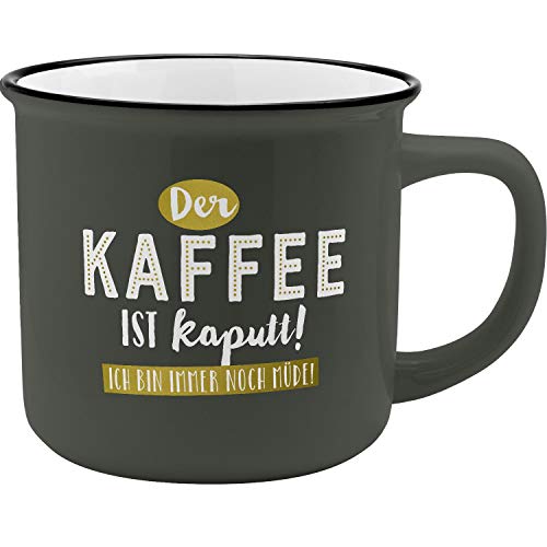 GRUSS & CO Becher Motiv 'Kaffee' | New Bone China Porzellan, Emaille-Optik, 35 cl | Geschenk lustig | 46973